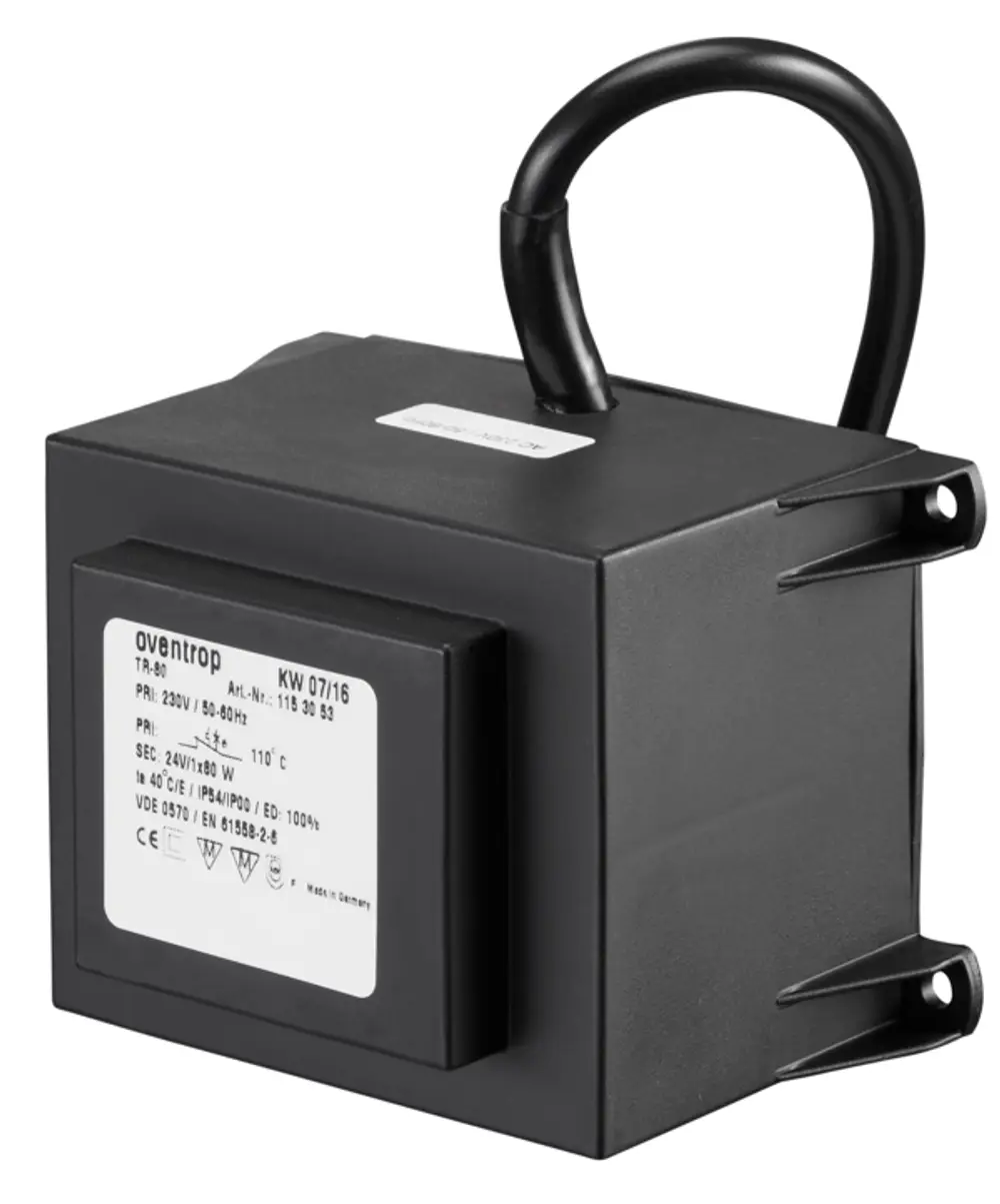 Oventrop Transformator in schwarzem Gehäuse mit Anschlusskabel, zur Spannungsversorgung von DDC, Relaismodulen und Thermostaten, Leistung 80 W.
